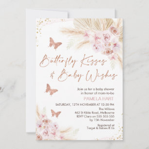 Rose Gold Floral Butterly Kisses Baby Shower Invitation