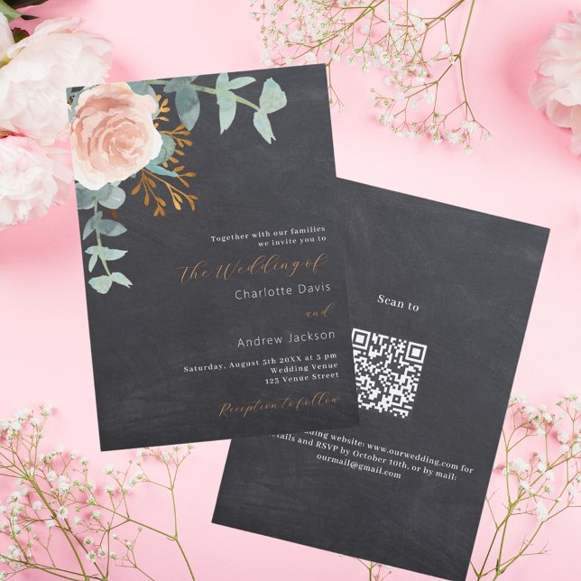 Rose gold floral chalkboard QR RSVP wedding Invitation (Creator Uploaded)