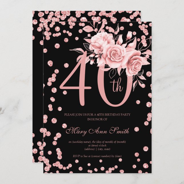 Rose Gold Floral & Confetti 40th Birthday Black  Invitation (Front/Back)