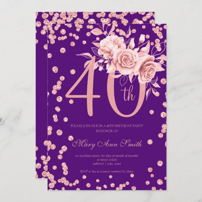 Rose Gold Floral & Confetti 40th Birthday Purple  Invitation (Front/Back)