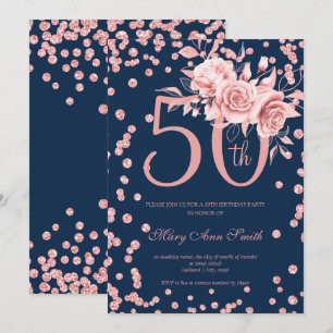 Rose Gold Floral & Confetti 50th Birthday Navy Invitation