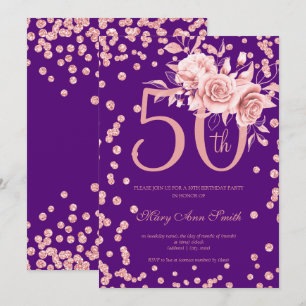 Rose Gold Floral & Confetti 50th Birthday Purple  Invitation
