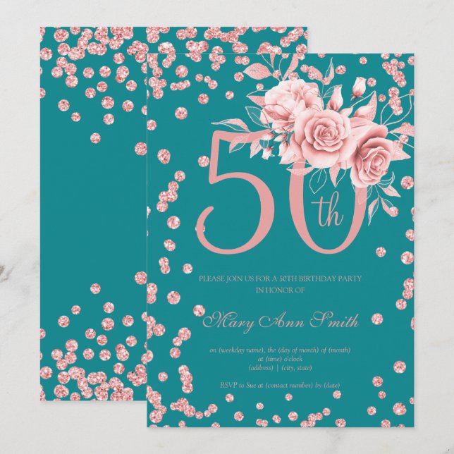 Rose Gold Floral & Confetti 50th Birthday Teal  Invitation (Front/Back)