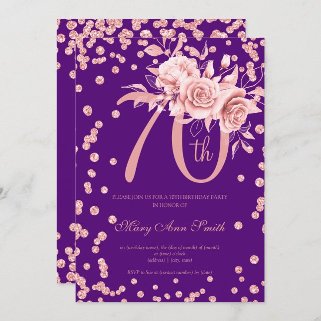 Rose Gold Floral & Confetti 70th Birthday Purple  Invitation (Front/Back)