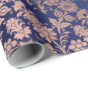 Rose Gold Floral Cottage Navy Damask Antonietta Wrapping Paper