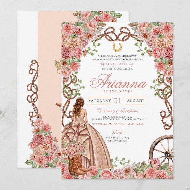 Rose Gold Floral Country Western Fancy Quinceañera Invitation (Front/Back)