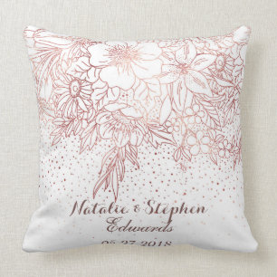 Rose gold floral doodles confetti wedding cushion