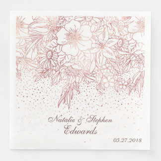 Rose gold floral doodles confetti wedding napkin