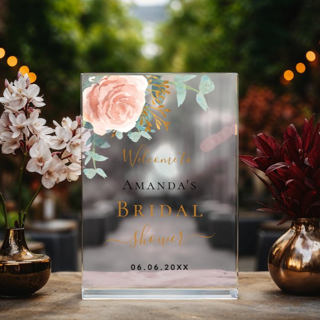 Rose gold floral eucalyptus Bridal Shower welcome Acrylic Sign (Creator Uploaded)