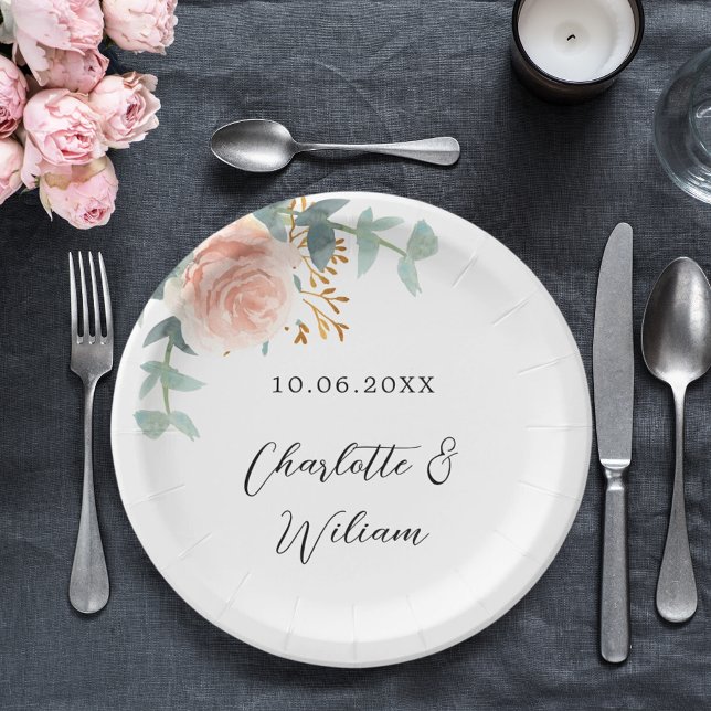 Rose gold floral eucalyptus elegant wedding paper plate (Creator Uploaded)