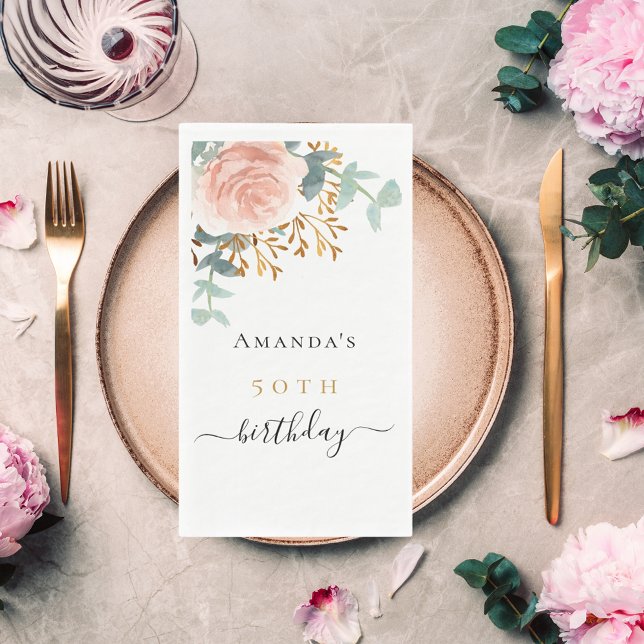 Rose gold floral eucalyptus greenery birthday napkin (Creator Uploaded)