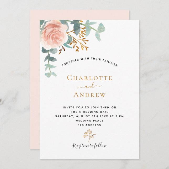 Rose gold floral eucalyptus greenery pink wedding invitation (Front/Back)