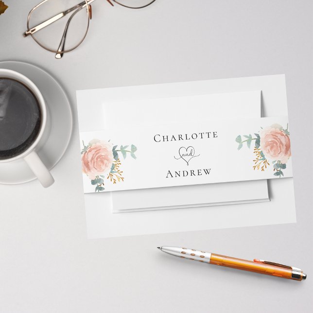 Rose gold floral eucalyptus greenery wedding invitation belly band (Creator Uploaded)