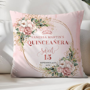 Rose Gold Floral Eucalyptus Quinceañera Gift Cushion