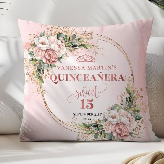 Rose Gold Floral Eucalyptus Quinceañera Gift Cushion (Rose Gold Floral Eucalyptus Quinceañera Pillow Gift)