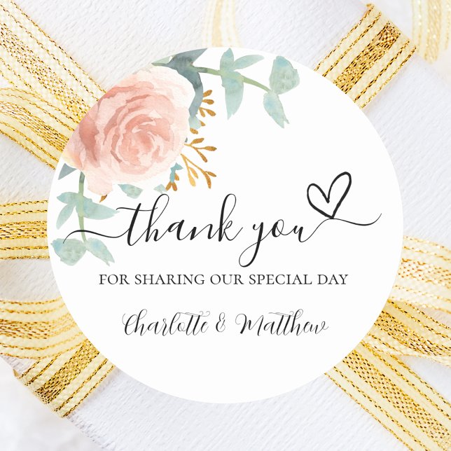 Rose gold floral eucalyptus thank you wedding classic round sticker (Creator Uploaded)