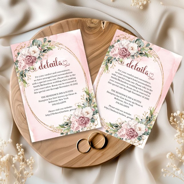 Rose Gold Floral Eucalyptus Wedding Details Card (Share important wedding information in elegant style with these beautifully designed wedding details)