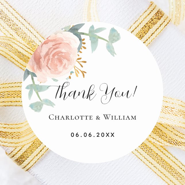 Rose gold floral eucalyptus wedding thank you classic round sticker (Creator Uploaded)