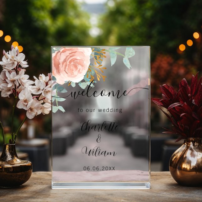 Rose gold floral eucalyptus wedding welcome acrylic sign (Creator Uploaded)