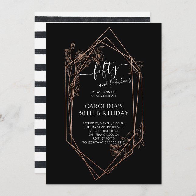 Rose Gold Floral Fifty And Fabulous 50th Birthday Invitation (Front/Back)