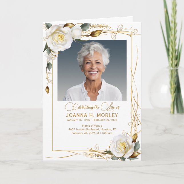 Rose & Gold Floral Funeral Program (Front)