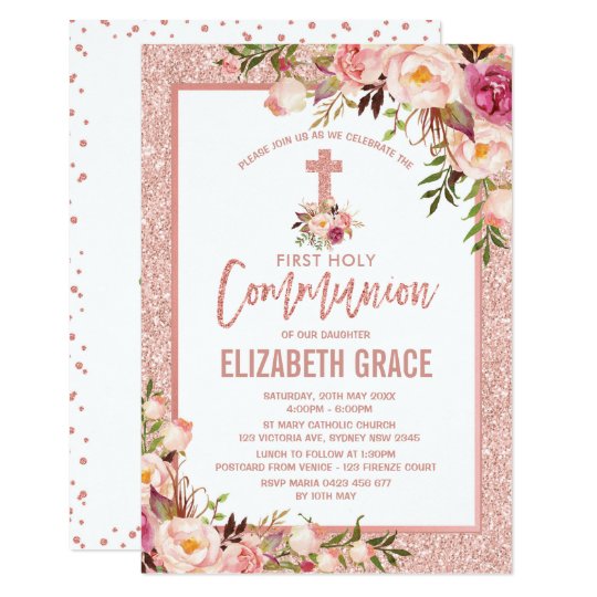 Rose Gold Floral Girl Holy Communion Invitation | Zazzle.com.au