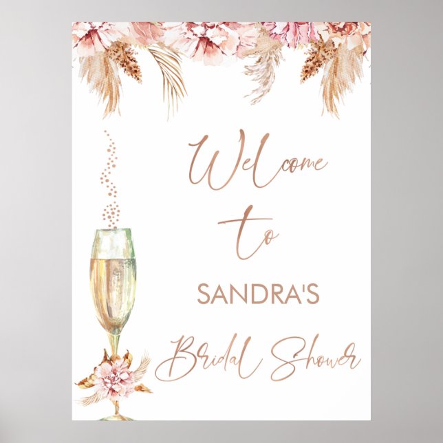 Rose Gold Floral Glass Bridal Shower Welcome Sign (Front)