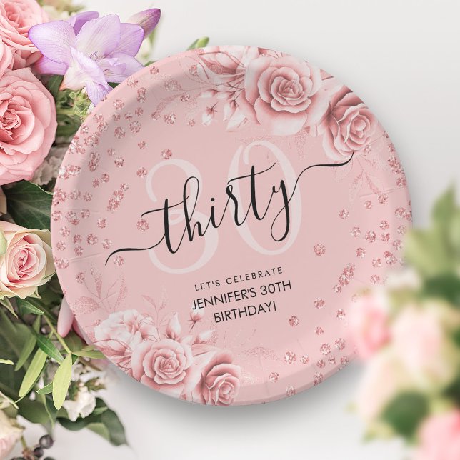 Rose Gold Floral Glitter 30th Birthday Script Paper Plate (Rose Gold Floral Glitter 30th Birthday Script Paper Plates)