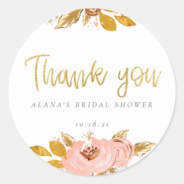 Rose Gold Floral Glitter Bridal Shower Classic Round Sticker (Front)