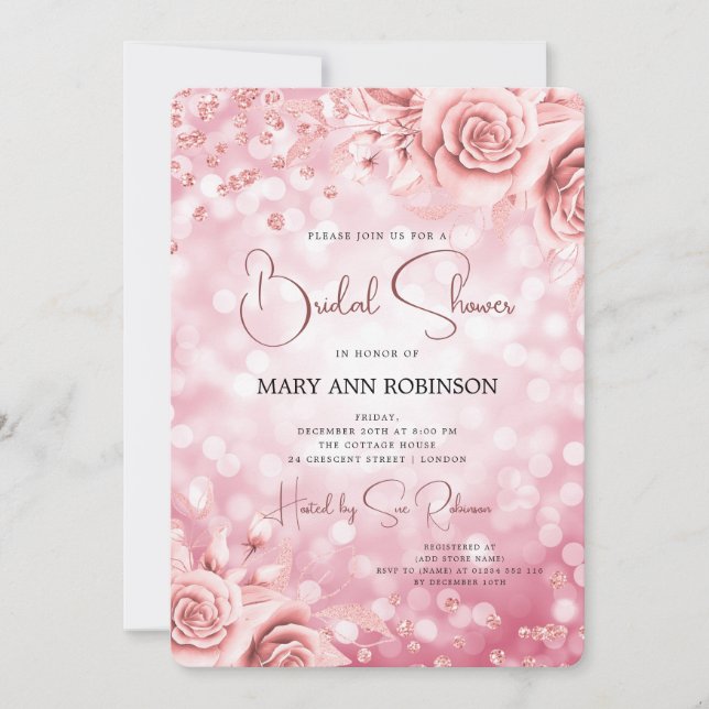 Rose Gold Floral Glitter Bridal Shower Lights Invitation (Front)