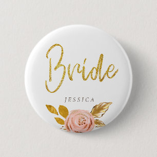 Rose Gold Floral Glitter Bride Button