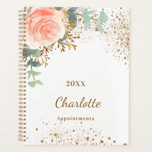 Rose gold floral glitter eucalyptus monogram 2026 planner (Front)
