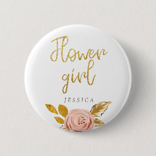 Rose Gold Floral Glitter Flower Girl Button