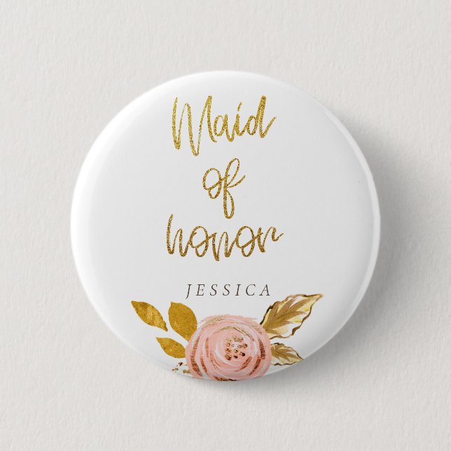 Rose Gold Floral Glitter Maid of Honor Button (Front)