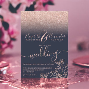 Rose gold floral glitter navy blue script wedding invitation
