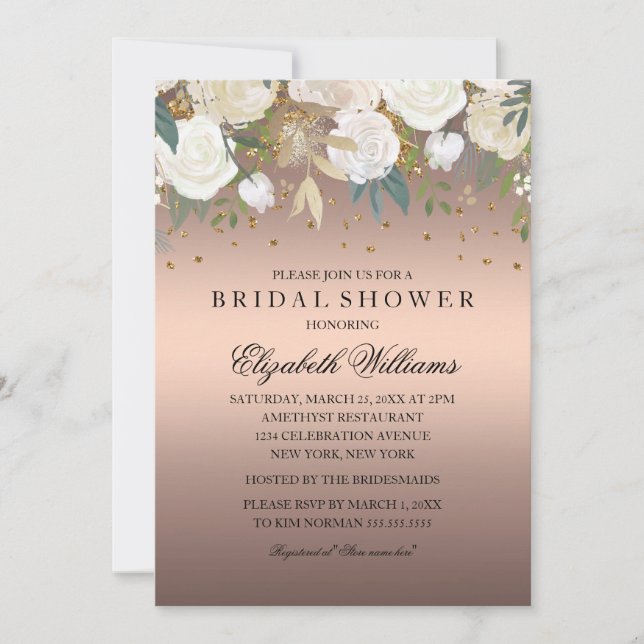 Rose Gold Floral Glitter Sparkling Bridal Shower Invitation (Front)
