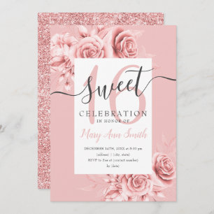 Rose Gold Floral & Glitter Sweet 16 Script Blush Invitation