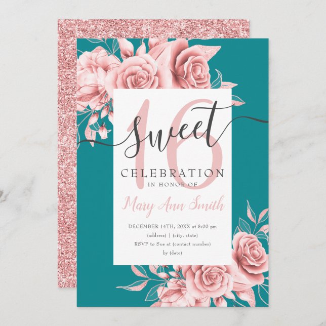 Rose Gold Floral & Glitter Sweet 16 Script Teal  Invitation (Front/Back)