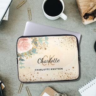 Rose gold floral gold glitter dust monogram laptop sleeve