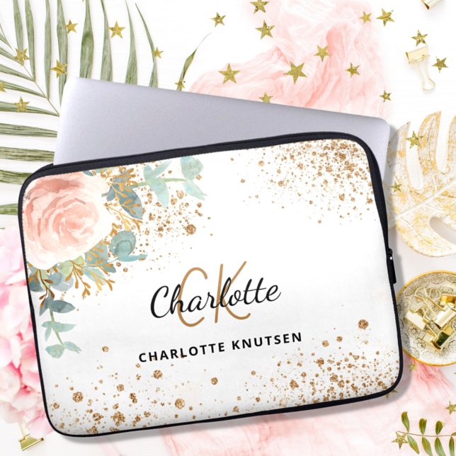 Rose gold floral gold glitter monogram name laptop sleeve (Creator Uploaded)