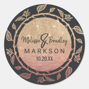 Rose Gold Floral Gold Glitter Ombre Wedding Classic Round Sticker