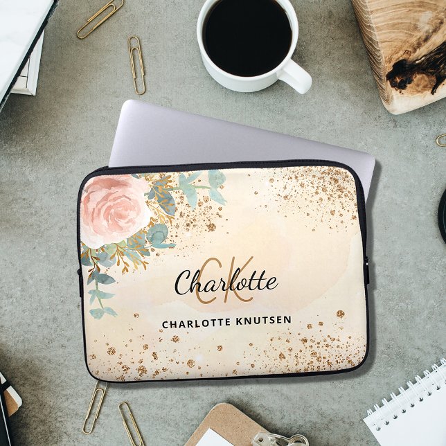 Rose gold floral gold monogram sparkles laptop sleeve (Creator Uploaded)