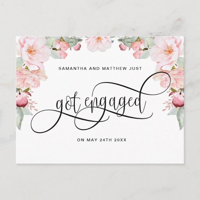 Rose Gold Floral, Got Engaged, Engagement Announcement Postcard (Front)