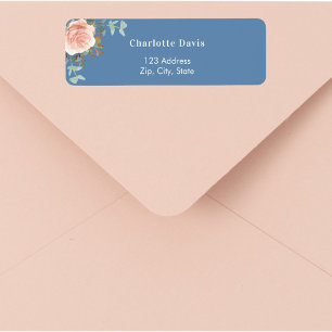Rose gold floral greenery blue return address  label
