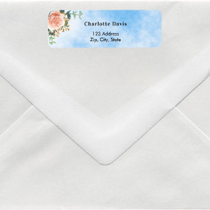 Rose gold floral greenery blue sky return address  label