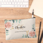 Rose gold floral greenery cream name monogram accessory pouch<br><div class="desc">A cream coloured background,  black and golden text. Decorated with watercolored rose gold roses,  eucalyptus greenery and golden sprigs. 
Personalise and add your first name,  monogram initials and full name.</div>
