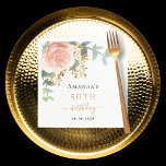 Rose gold floral greenery elegant birthday napkin<br><div class="desc">A chic white background. Decorated with a rose gold and blush pink watercolored rose flower,  floral,  green eucalyptus leaves,  sprigs,  greenery and faux gold sprigs. Personalise and a name and date.  Black and golden letters</div>