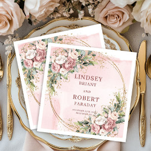 Rose Gold Floral Greenery Gold Glitter Wedding  Napkin