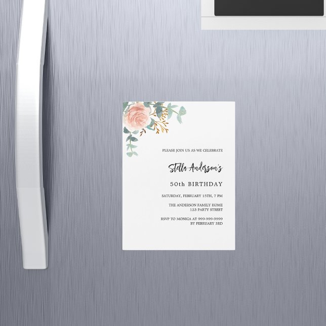 Rose gold floral greenery luxury birthday magnetic invitation (Creator Uploaded)