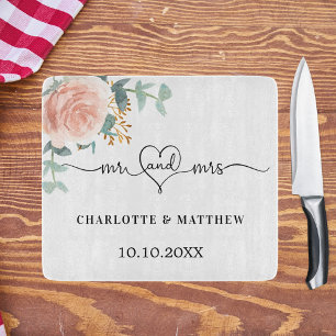 Rose gold floral greenery mr mrs heart wedding cutting board